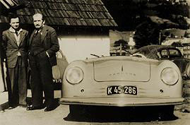 Porsche 1949 : Father and son posing next to a 356 Pre-A prototype in Gmund.